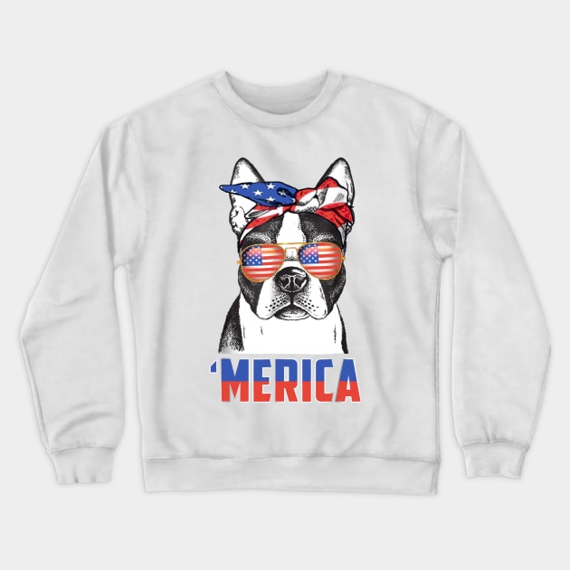 Boston Terrier Merica Bandana USA Flag 4th Of July Crewneck Sweatshirt by Xamgi